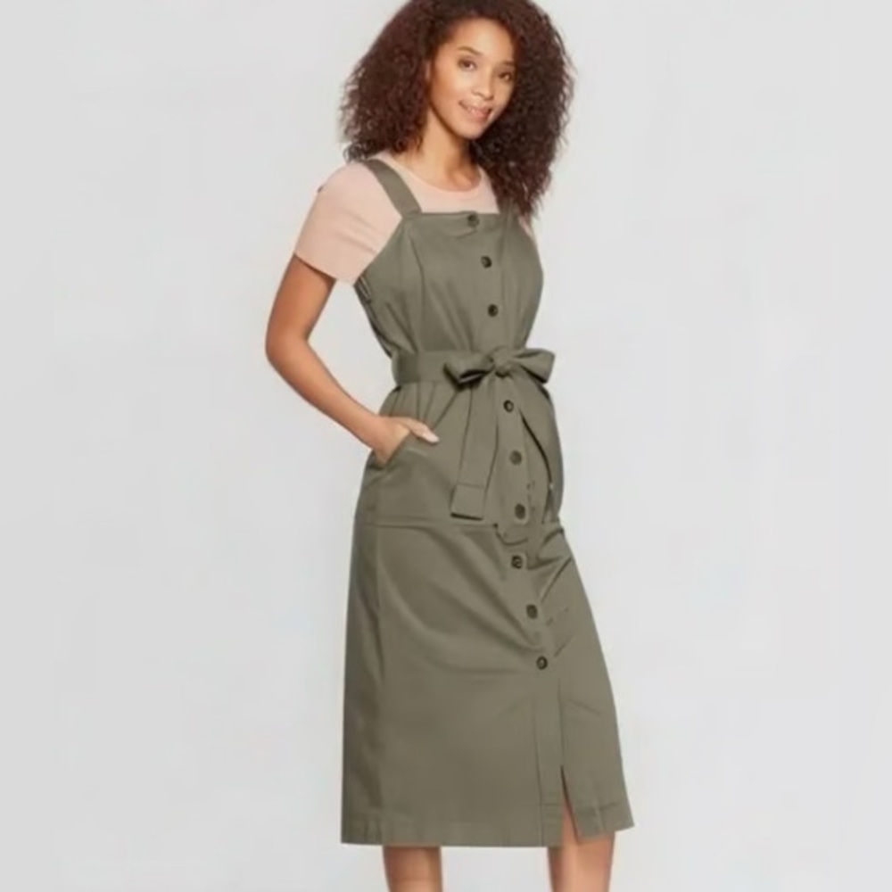 Universal Thread Olive Green Button-Down Dress Wi… - image 1
